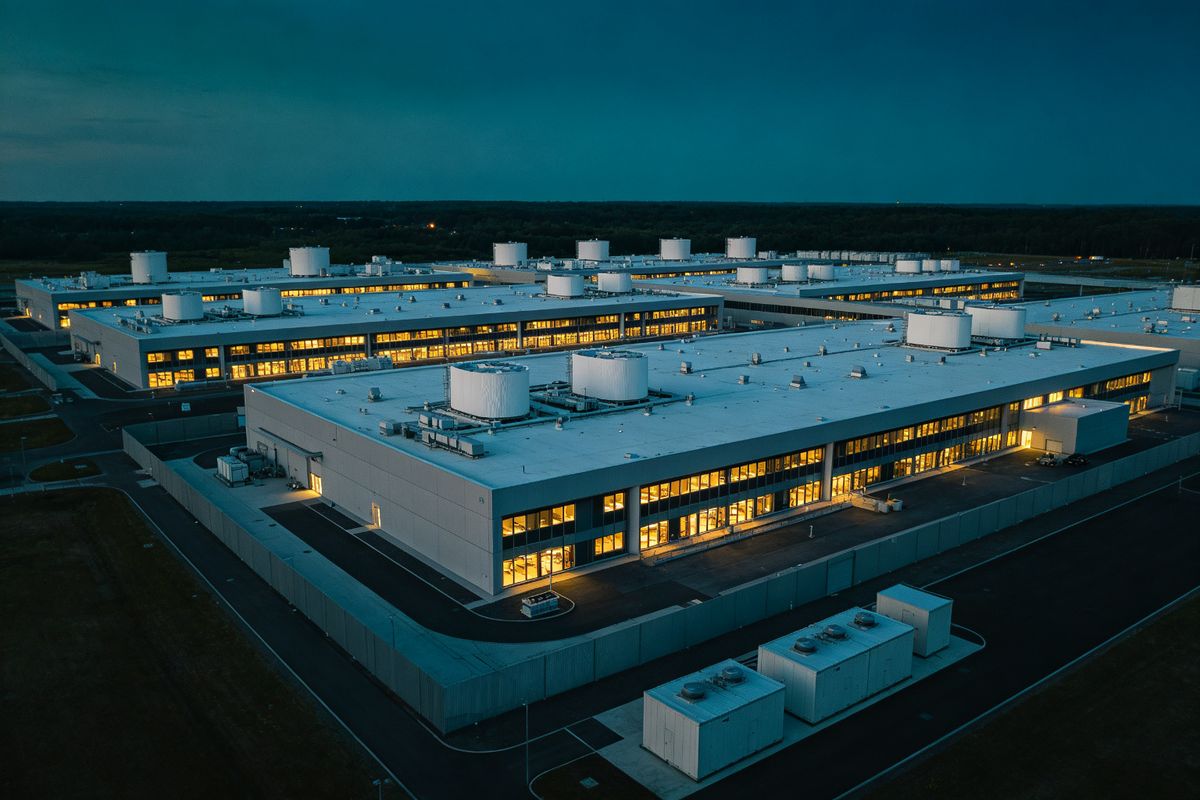 Aerial view of a data center campus at dusk