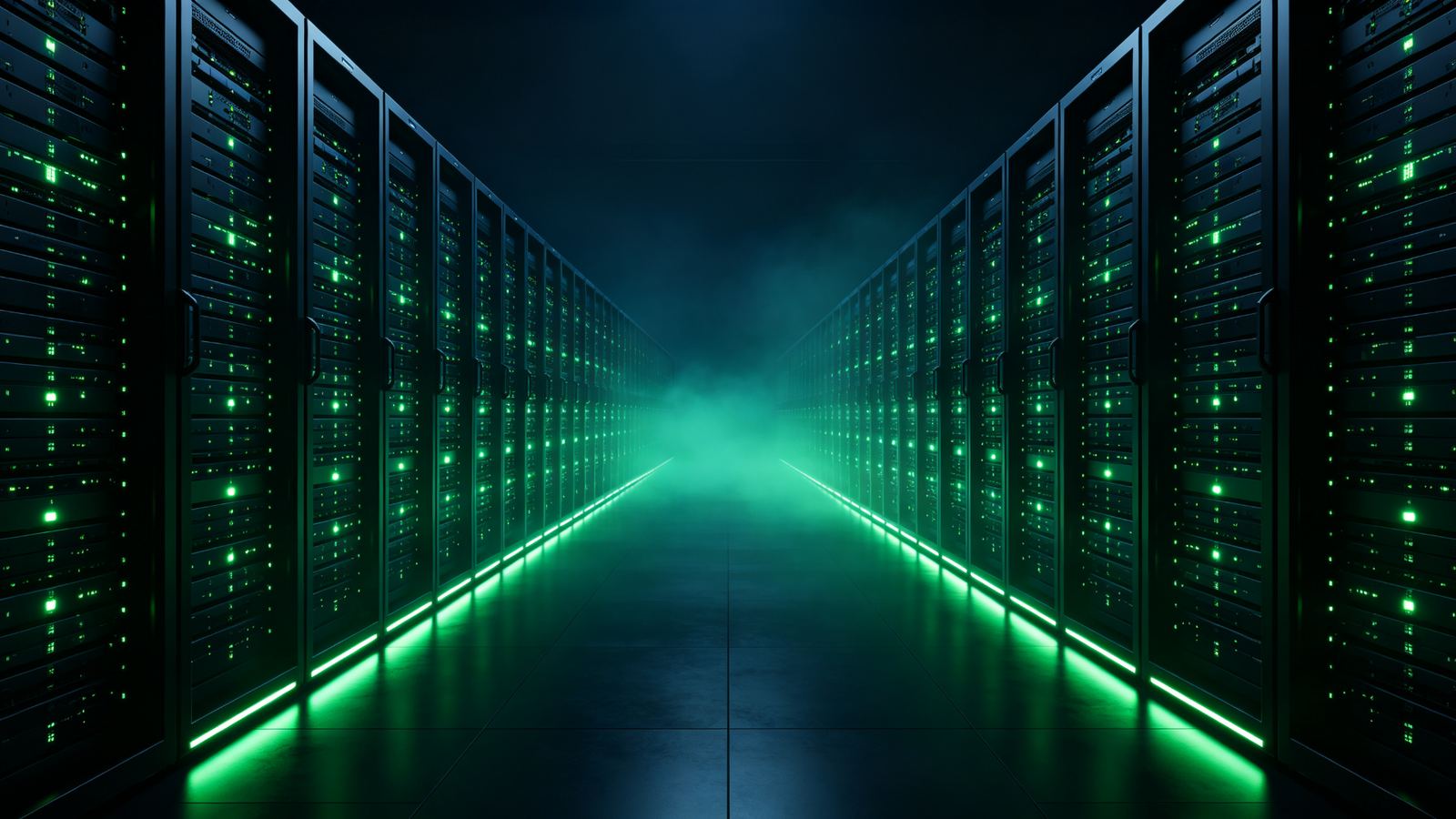 Modern data center corridor lit by green LEDs
