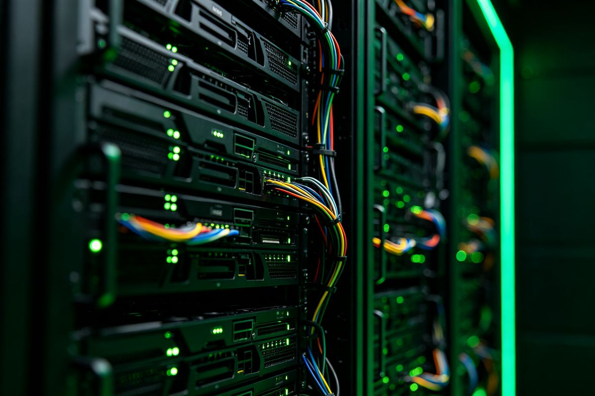 GPU compute server racks with green indicators
